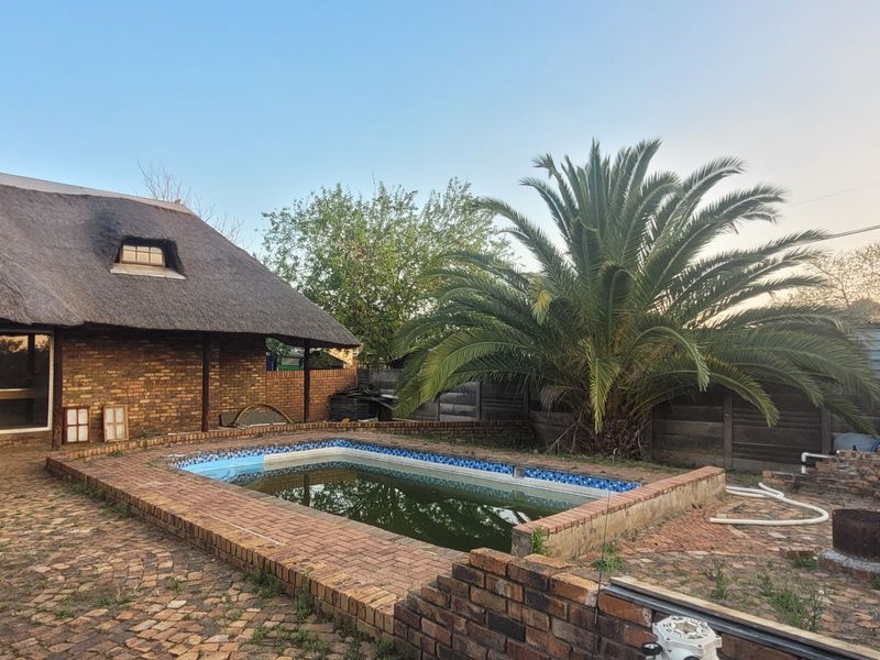 Outdoor pool area featuring a thatched roof structure, brick paving, and a water storage tank, requiring maintenance and pool restoration.