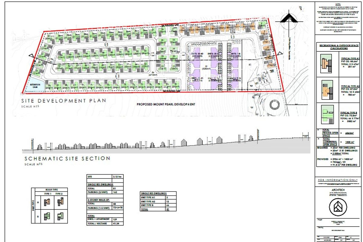 A detailed site development plan and schematic site section for the proposed Mount Pearl residential development project.