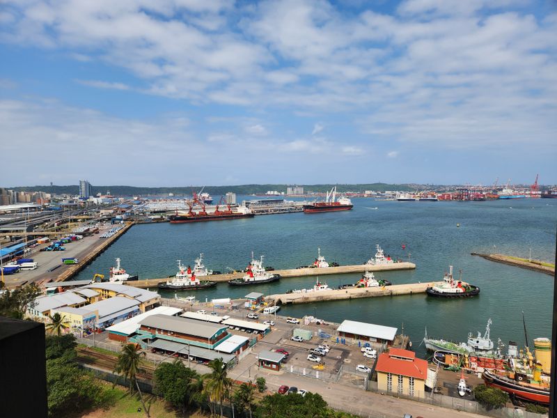 Elevated panoramic view overlooking the busy industrial harbor, featuring docked tugboats, cargo ships, and surrounding port infrastructure under a clear blue sky.