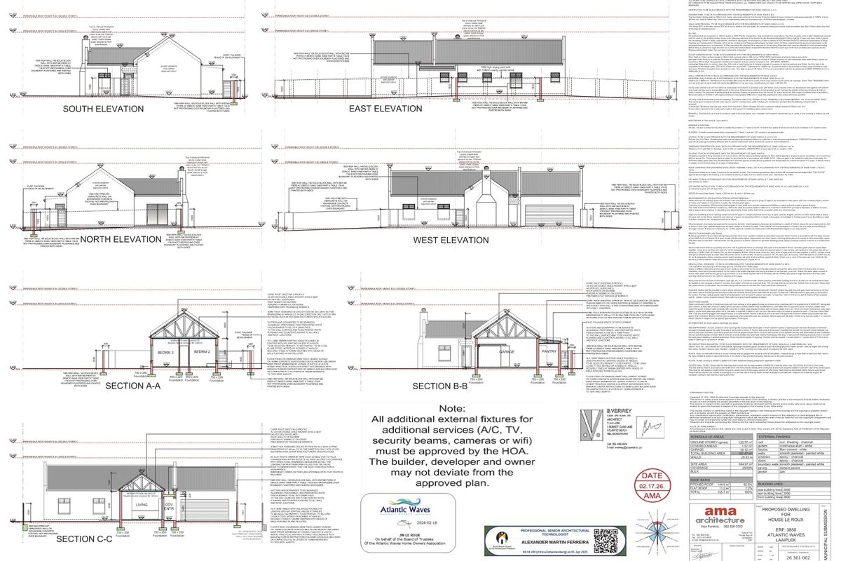 Architectural floor plan and elevation drawings for a proposed residential dwelling, detailing structural specifications and building layout.