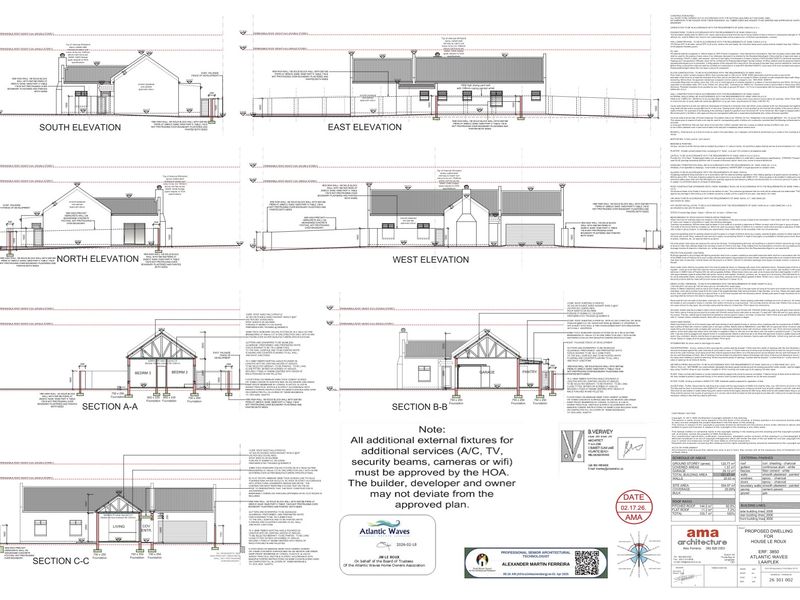Architectural floor plan and elevation drawings for a proposed residential dwelling, detailing structural specifications and building layout.