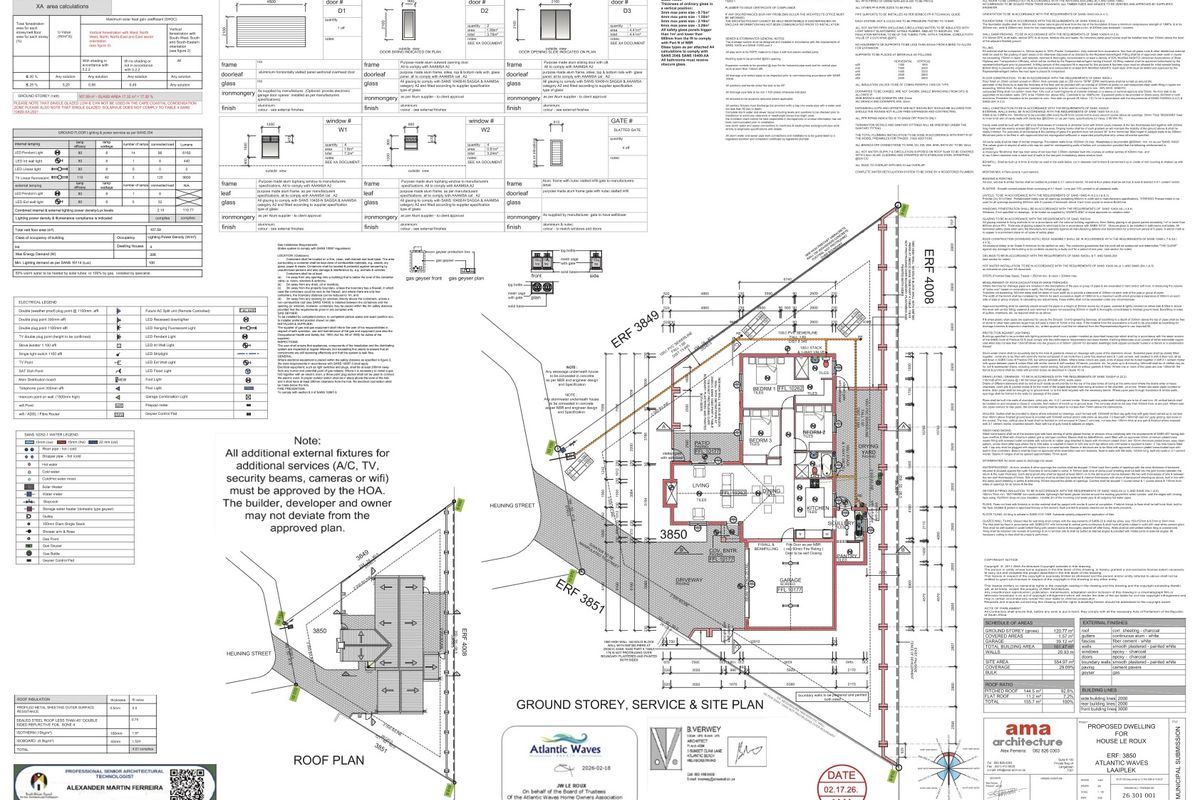 Architectural ground storey and site plan for a proposed dwelling, including roof plan, door and window schedules, and technical specifications.