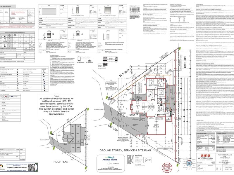 Architectural ground storey and site plan for a proposed dwelling, including roof plan, door and window schedules, and technical specifications.