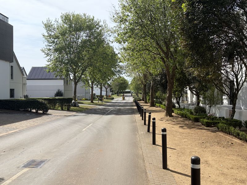 A well-maintained residential street scene within the townhouse complex, featuring mature trees, paved walkways, and neat landscaping.