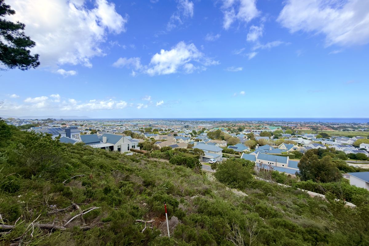Elevated panoramic view overlooking a residential neighborhood with coastal scenery in the distance.