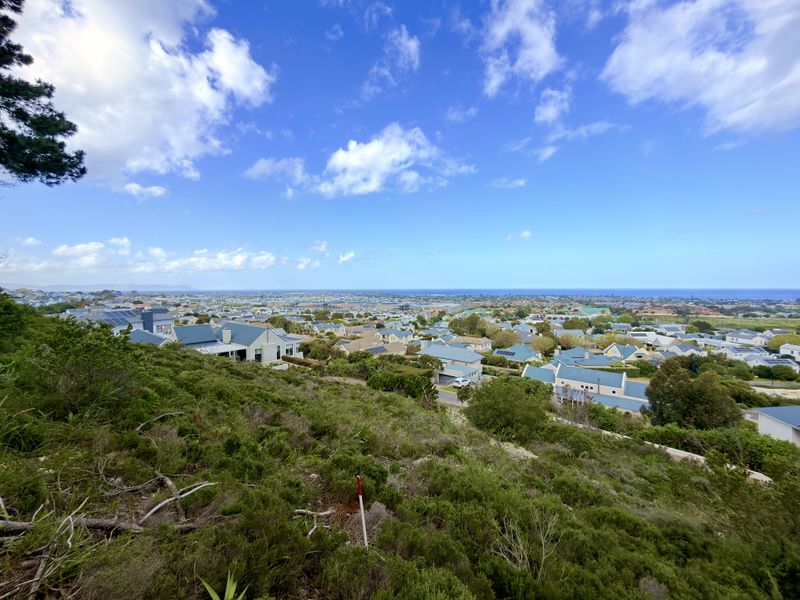 Elevated panoramic view overlooking a residential neighborhood with coastal scenery in the distance.