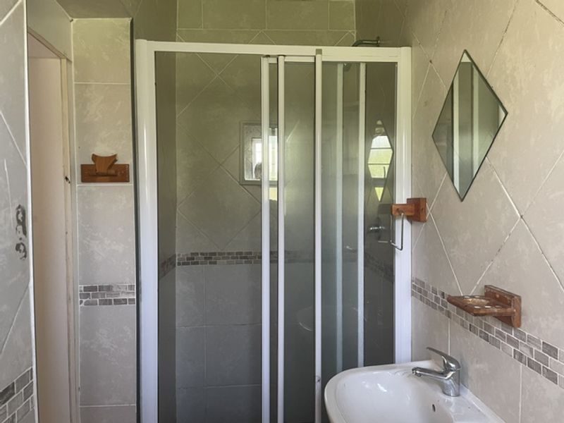 A compact bathroom featuring a shower enclosure, pedestal basin with chrome mixer, and neutral ceramic wall tiling with decorative mosaic accents.