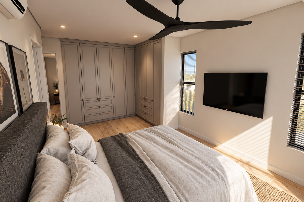 Modern bedroom featuring custom built-in cabinetry, timber flooring, ceiling fan, and split-system air conditioning with large windows and venetian blinds.