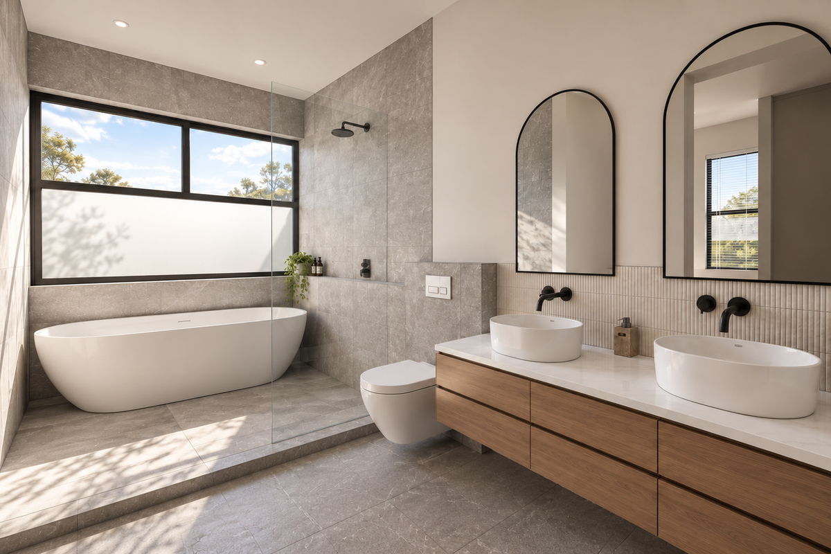 Modern luxury bathroom featuring a freestanding bathtub, walk-in shower, double vanity with vessel sinks, and contemporary matte black fixtures.