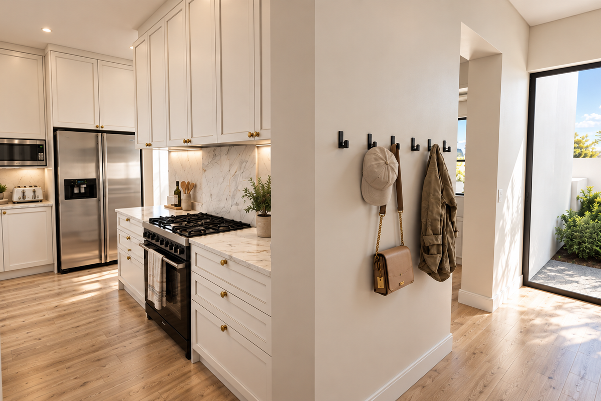 Modern kitchen featuring white shaker cabinetry, marble-look countertops and backsplash, high-end gas range, and integrated appliances, flowing into a bright adjacent outdoor area.
