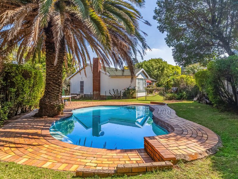 A well-maintained backyard featuring a swimming pool with brick coping, surrounded by a lush garden, mature palm tree, and a view of the house exterior.