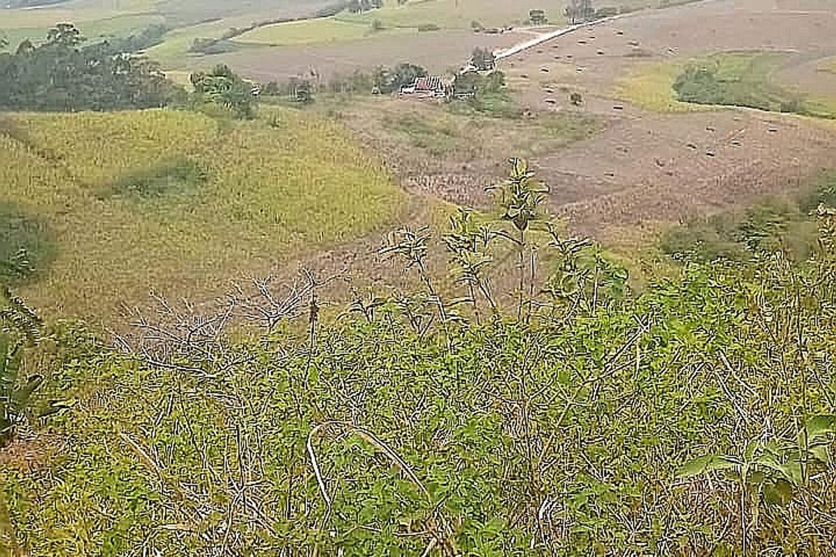 Expansive elevated landscape view overlooking rolling hills and rural farmland terrain.