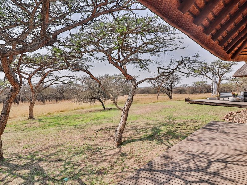 A spacious timber deck patio featuring a thatched roof overhang, providing seamless indoor-outdoor flow with views of the surrounding natural bushveld landscape.