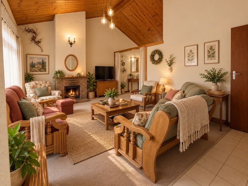 A cozy, well-maintained living room featuring a brick fireplace, vaulted timber ceilings, and warm ambient lighting, creating a comfortable and inviting atmosphere.