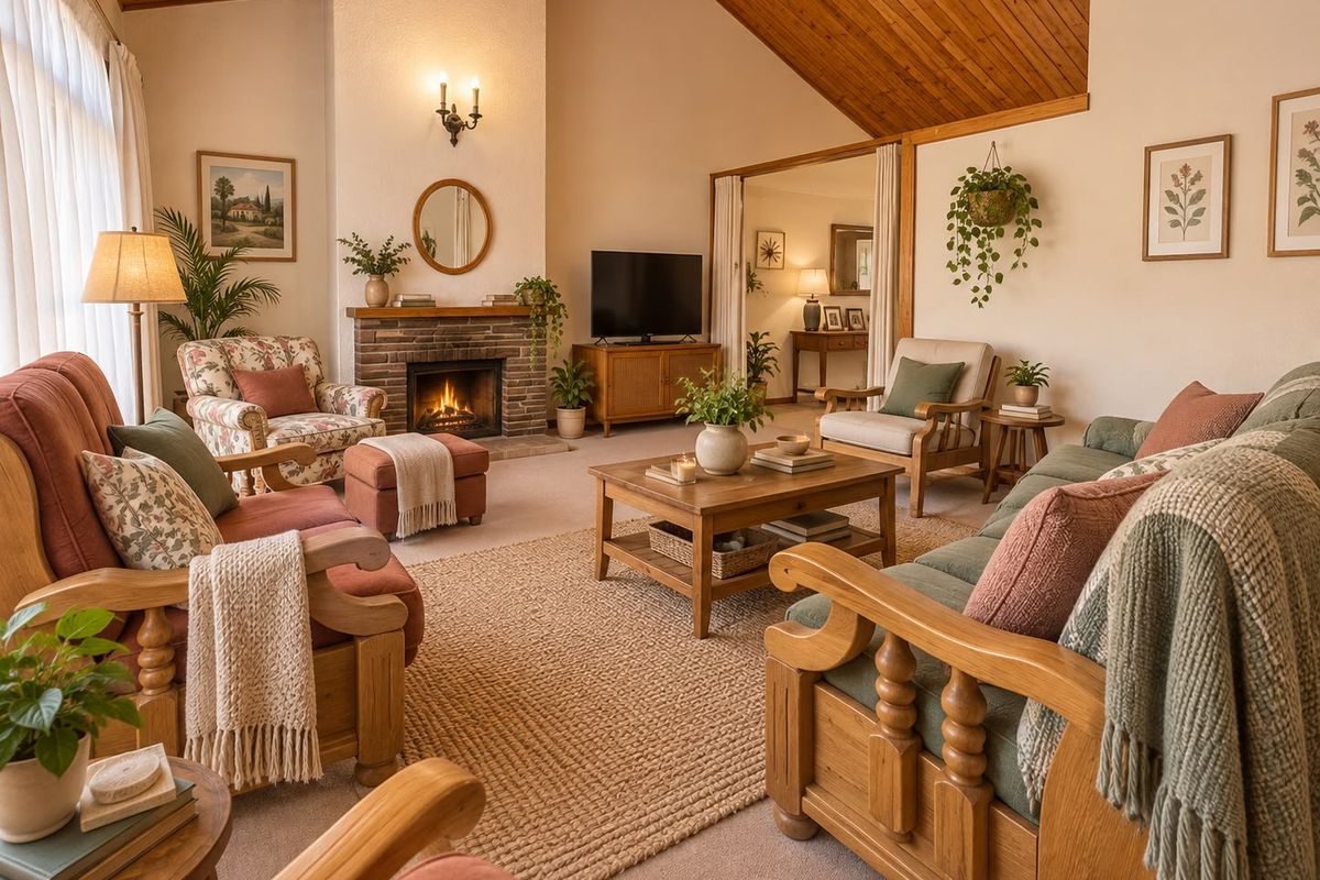A cozy, well-maintained living room featuring a brick fireplace, vaulted timber-lined ceilings, and abundant natural light from large windows.