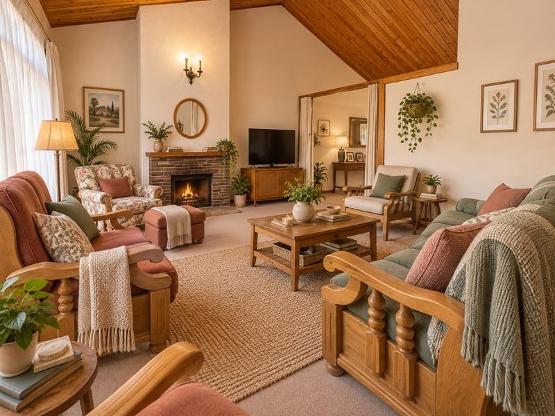 A cozy, well-maintained living room featuring a brick fireplace, vaulted timber-lined ceilings, and abundant natural light from large windows.