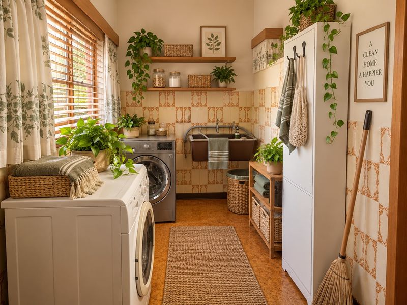 A well-organized laundry room featuring a utility sink, tiled splashback, cork flooring, and built-in storage, complemented by natural light through timber venetian blinds.