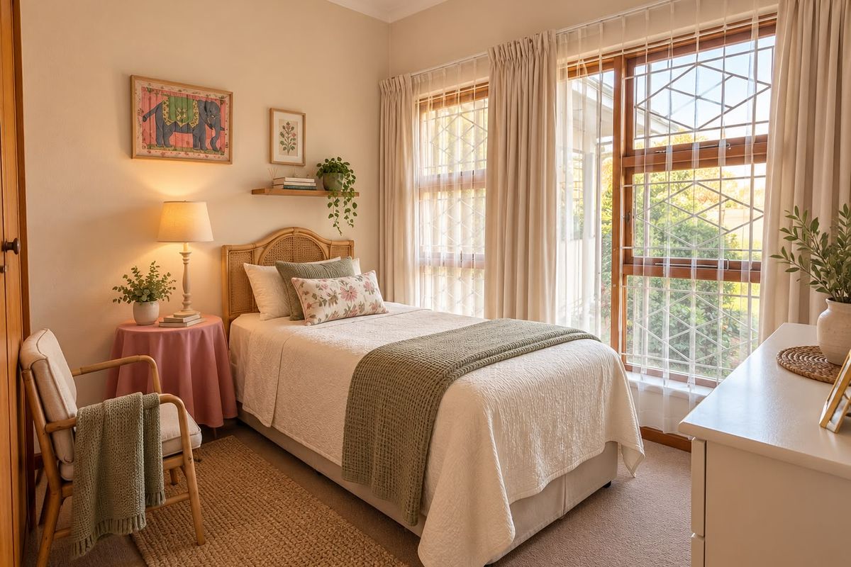 A cozy, well-lit bedroom featuring carpeted flooring, large windows with security bars, and neutral wall finishes.
