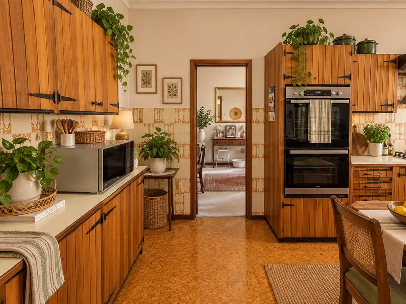 A vintage-style kitchen featuring warm-toned wooden cabinetry, built-in double ovens, and decorative patterned wall tiles, offering a classic aesthetic with functional layout.