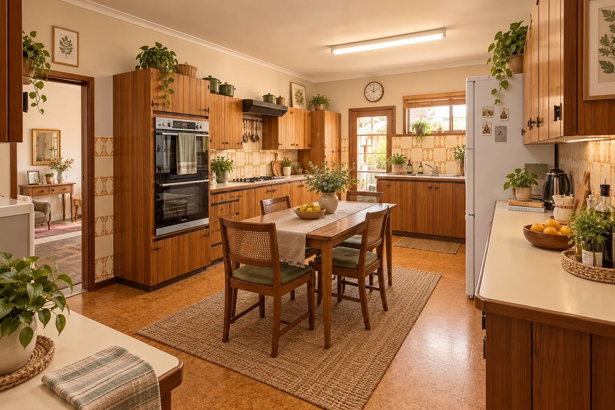 A spacious, well-maintained kitchen featuring warm timber cabinetry, a double wall oven, gas cooktop, and durable cork flooring with an integrated dining area.