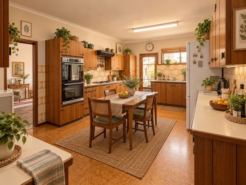 A spacious, well-maintained kitchen featuring warm timber cabinetry, a double wall oven, gas cooktop, and durable cork flooring with an integrated dining area.