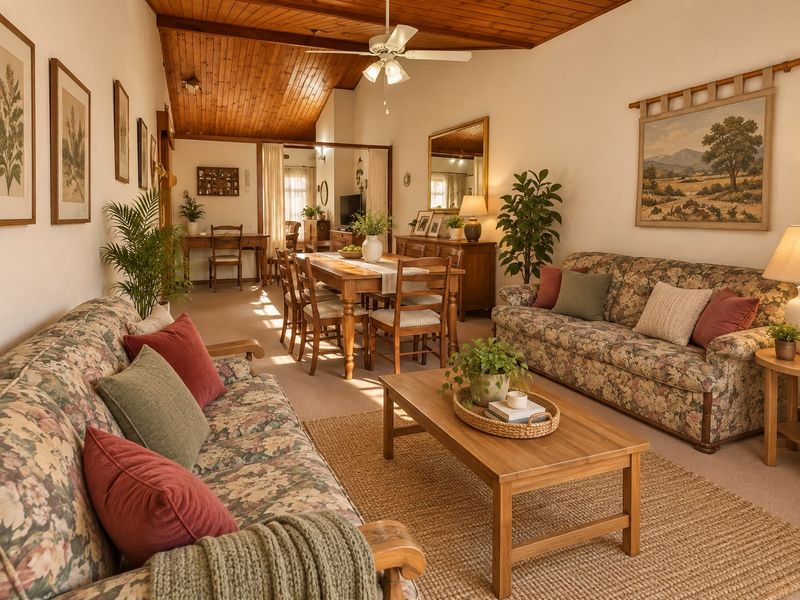 Spacious open-plan living and dining area featuring a high timber raked ceiling, ceiling fan, and neutral carpeted flooring.