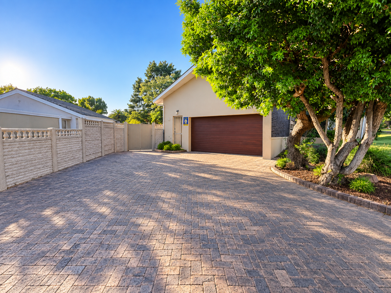 A well-maintained front exterior featuring a paved driveway, double garage with a wooden door, and secure boundary walling.