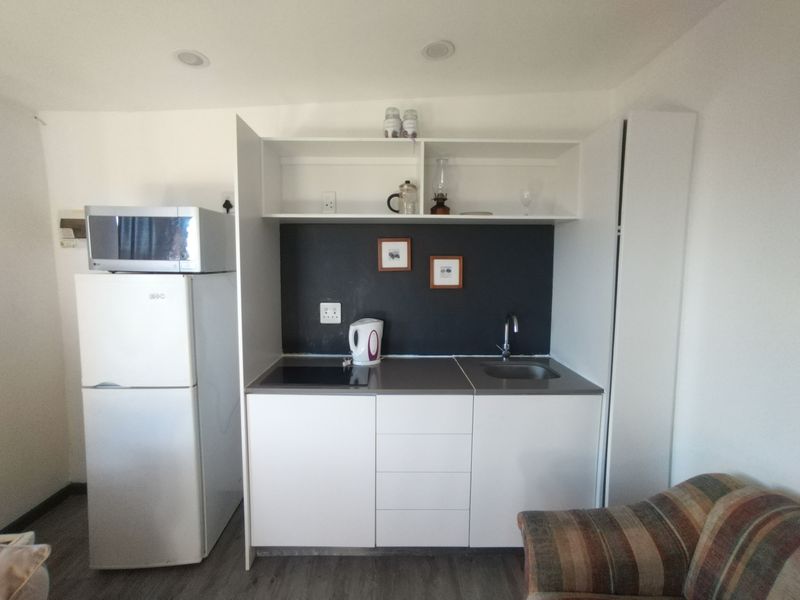 Compact kitchenette featuring white cabinetry, a dark backsplash, integrated sink, and hob, providing essential functionality in a small apartment space.