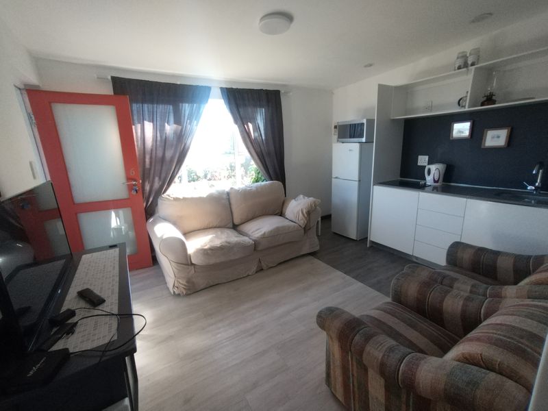 Open-plan living area featuring a compact kitchenette with built-in cabinetry, laminate flooring, and direct access to the exterior via a bright orange door.