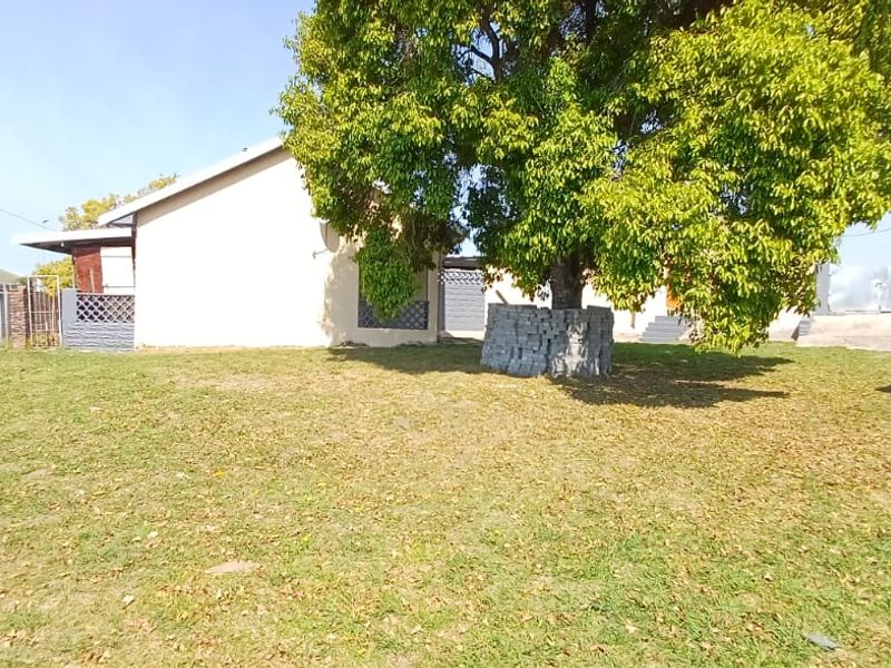 A spacious rear garden featuring a large mature tree, a precast concrete boundary wall, and a brick braai area.