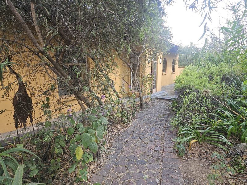 A rear exterior view of the house featuring a cobblestone pathway leading along the side of the building, surrounded by mature garden landscaping.