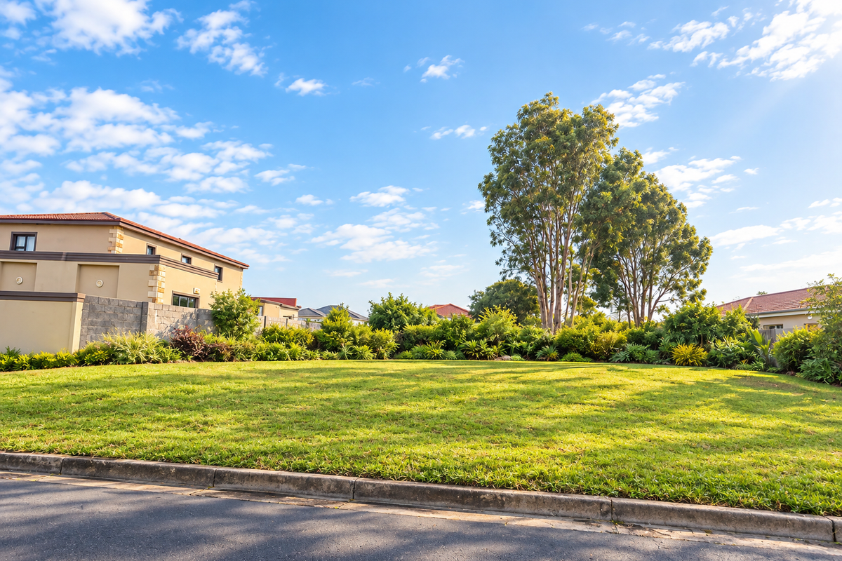 A well-maintained vacant residential plot featuring a level grass lawn, established boundary wall, and mature trees in a quiet neighborhood setting.