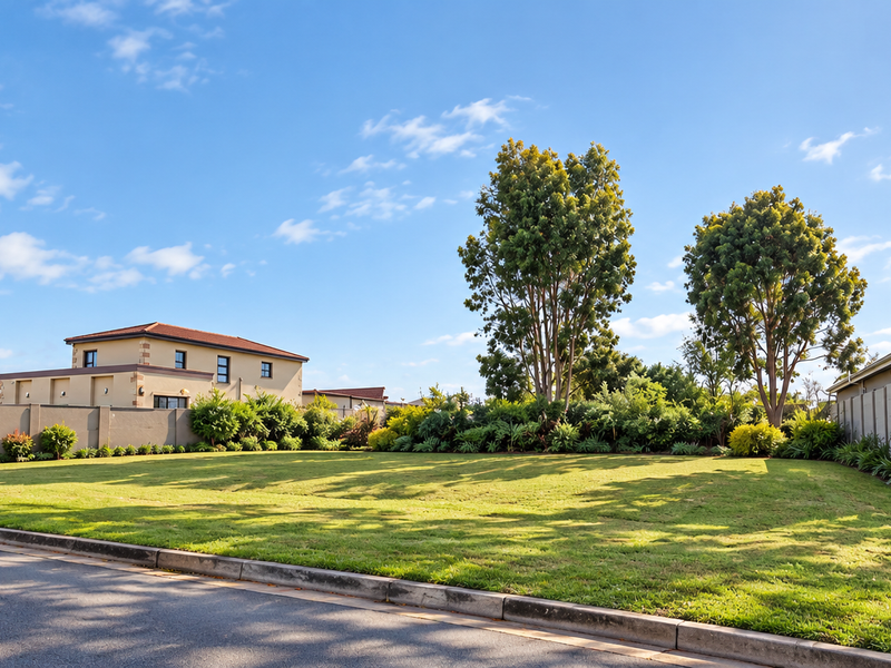 A well-maintained vacant residential plot featuring a manicured lawn, mature trees, and perimeter walling, situated in a quiet street setting.