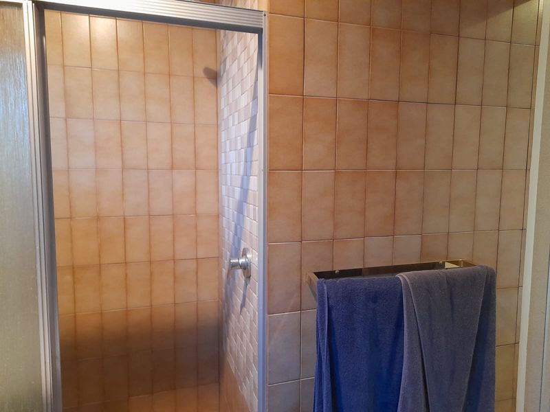 A functional bathroom shower area featuring dated ceramic wall tiling and a built-in shower enclosure with a metal frame.