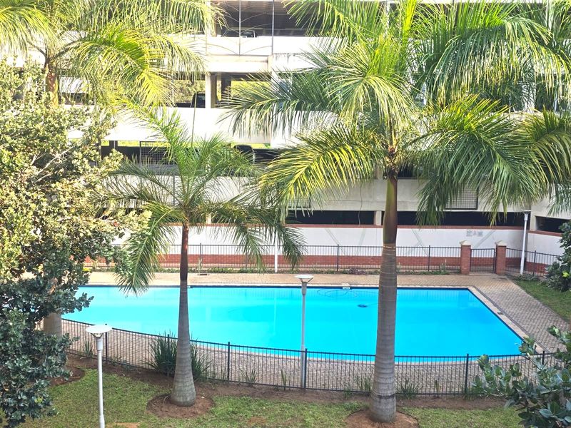 A well-maintained communal swimming pool area featuring paved decking, metal perimeter fencing, and established palm trees within the apartment complex grounds.