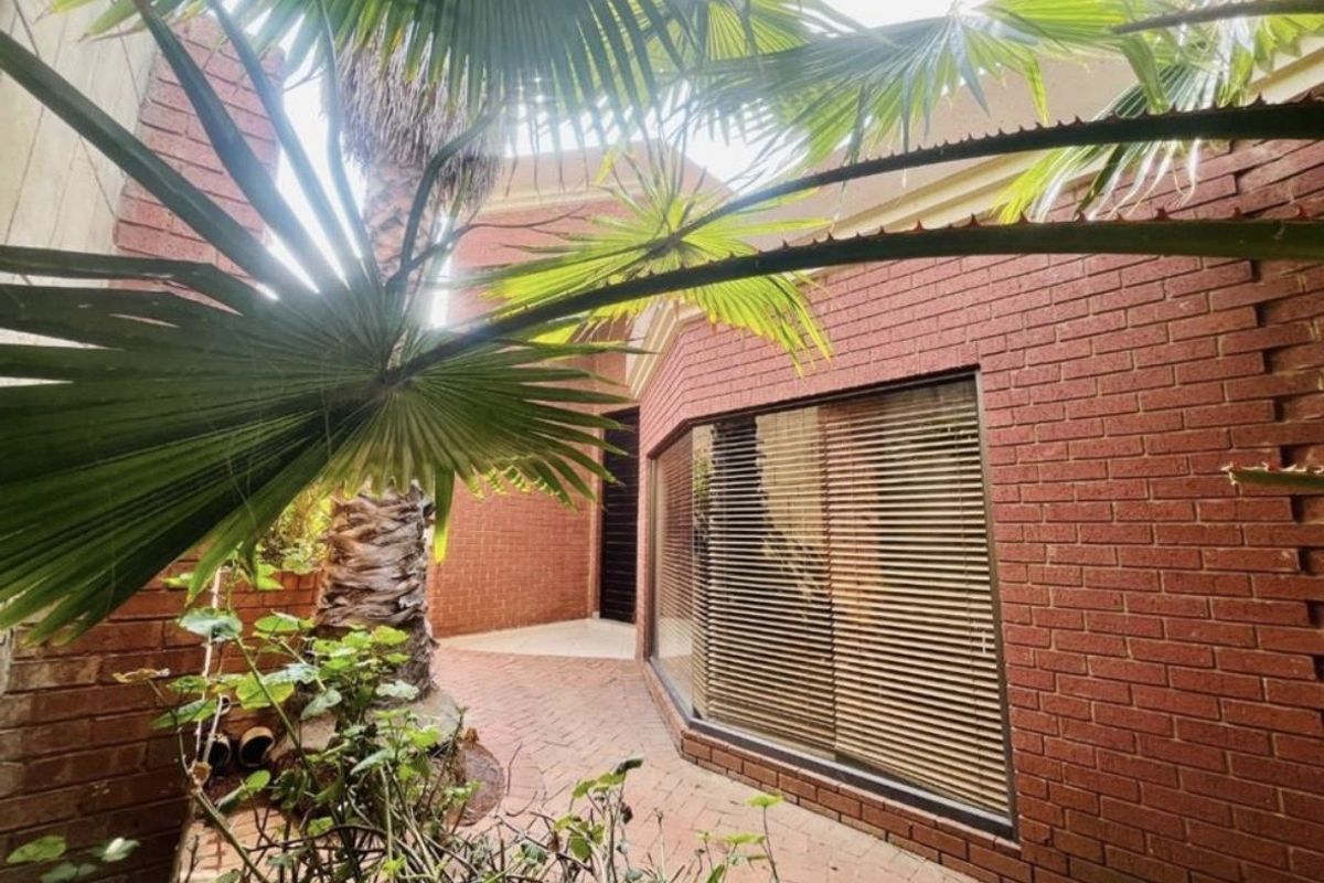 A private rear courtyard featuring red brick walls, paved flooring, and a large window with integrated blinds, surrounded by established greenery.