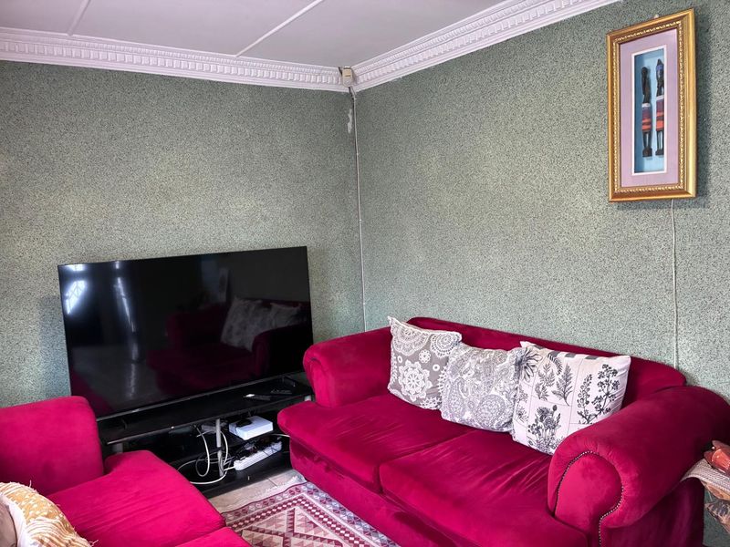 A living room featuring textured green wallpaper and decorative ceiling cornicing, with visible surface-mounted electrical cabling requiring attention.