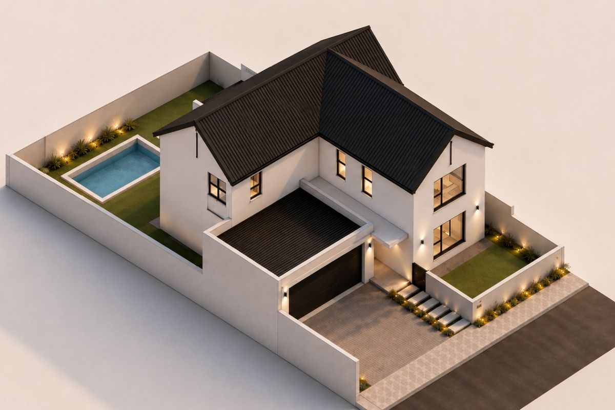 An aerial perspective of a modern two-story residential property featuring a swimming pool, private garden, and integrated garage.