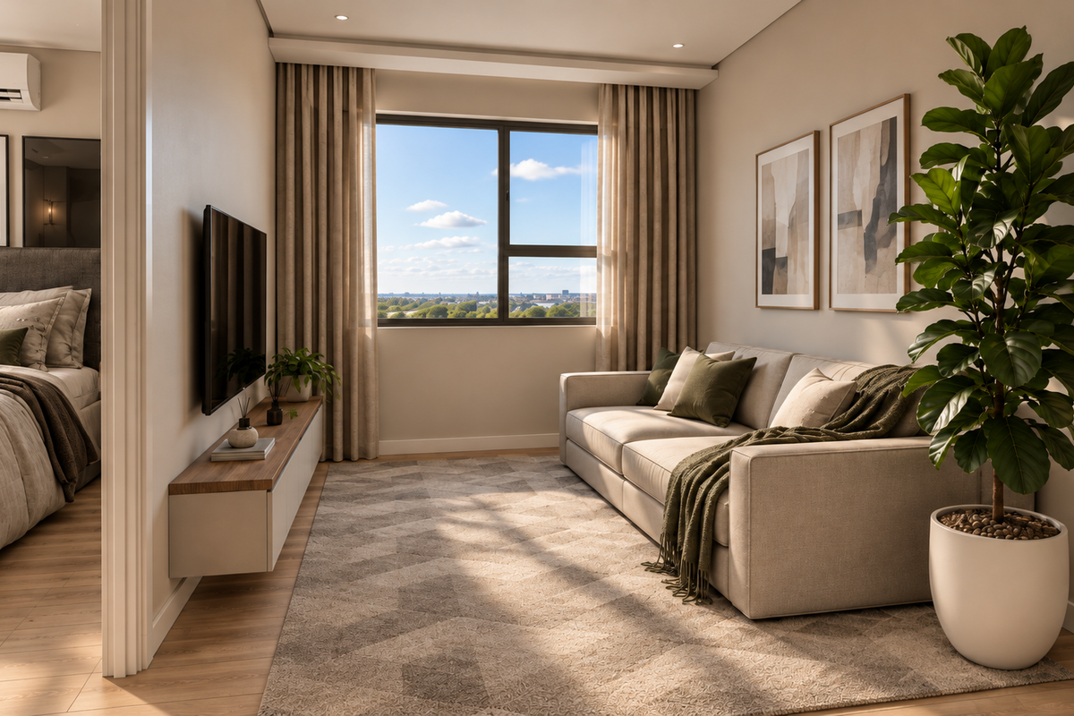 A modern, well-lit living room featuring laminate flooring, wall-mounted cabinetry, and a large window with a scenic view, adjacent to a bedroom.