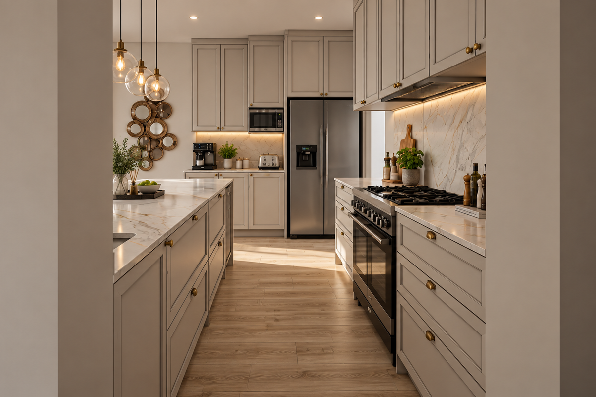 Modern, high-end kitchen featuring shaker-style cabinetry, marble-look stone countertops, premium integrated appliances, and elegant pendant lighting in a warm, well-lit space.