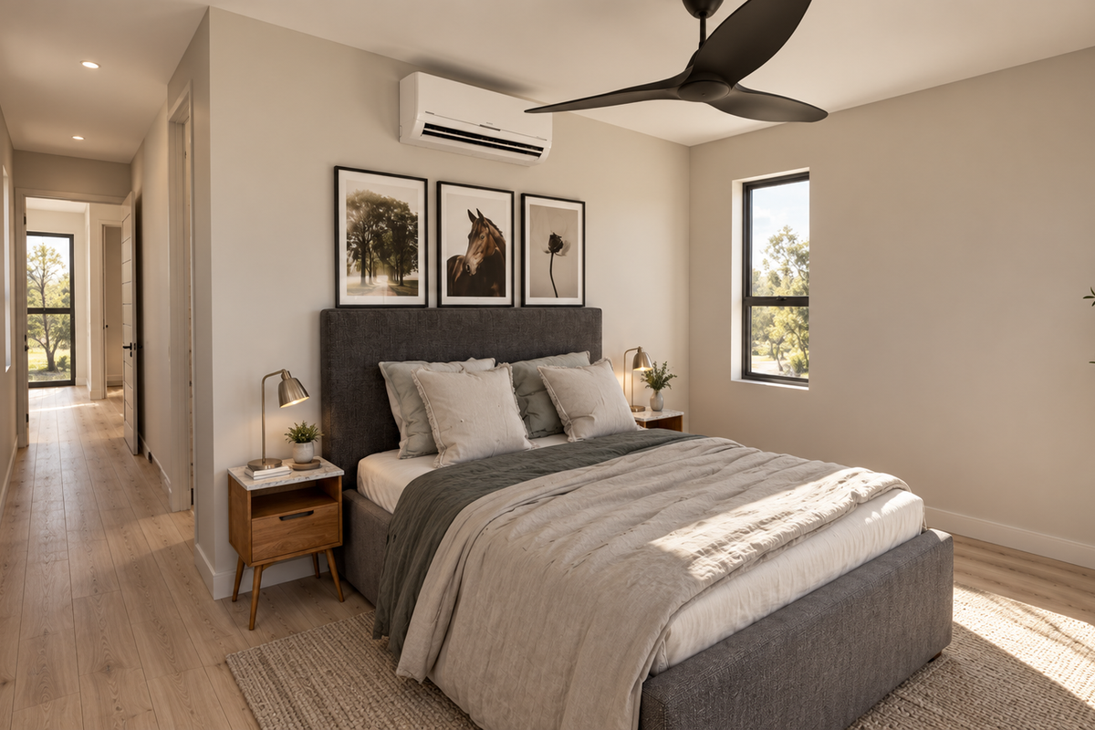 A well-appointed bedroom featuring timber flooring, a split-system air conditioner, ceiling fan, and recessed lighting, with a view into the adjacent hallway.