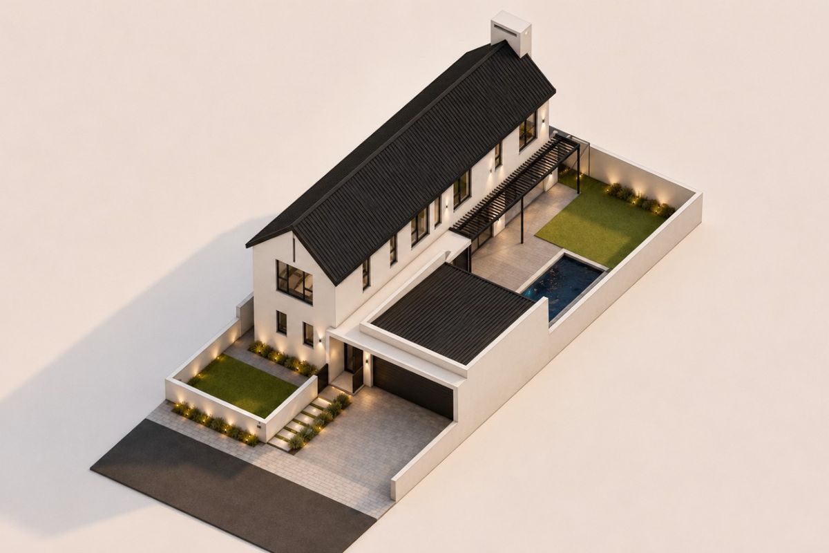 An aerial view of a modern residential property featuring a swimming pool, landscaped garden, paved driveway, and a secure garage.