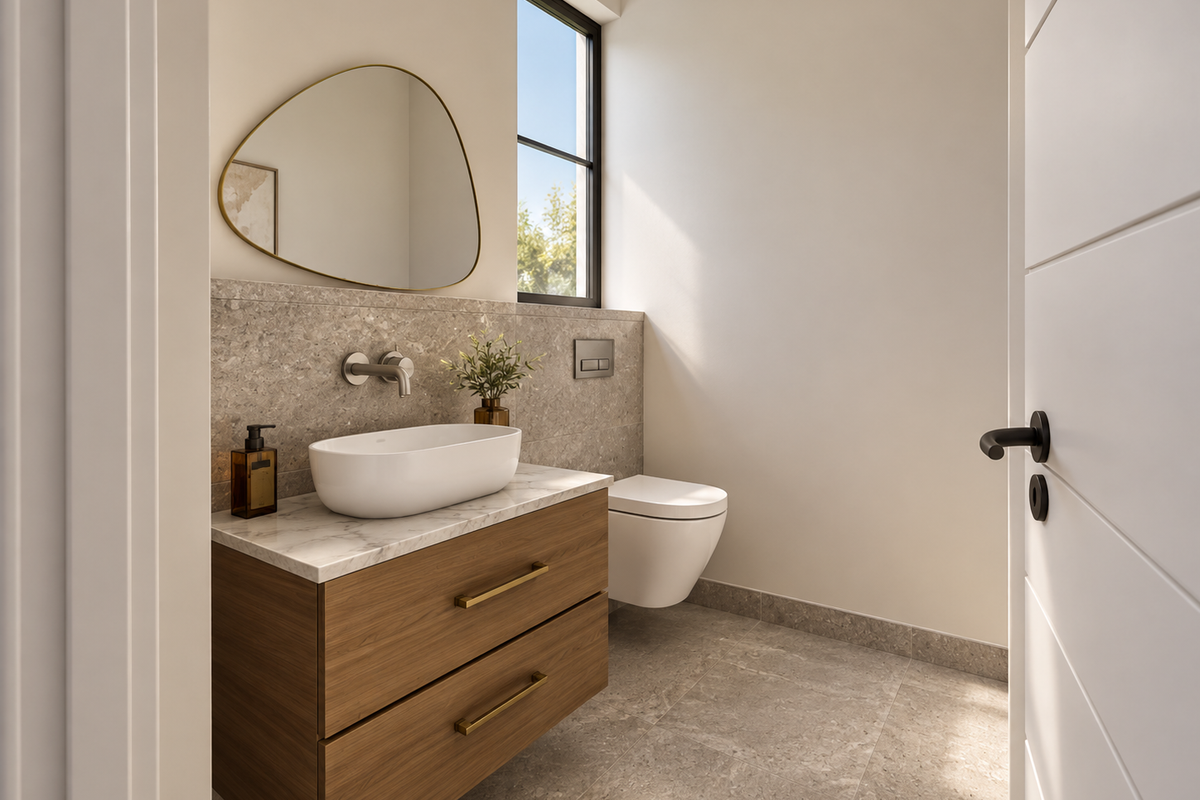 Modern guest bathroom featuring a wall-mounted wood vanity, vessel sink, wall-hung toilet, and elegant stone tile finishes.