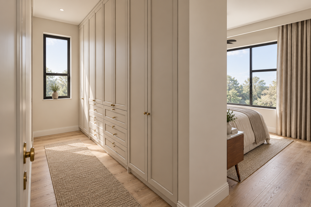 A well-appointed bedroom featuring extensive built-in cabinetry, light hardwood flooring, and large windows that provide ample natural light and a pleasant outdoor view.