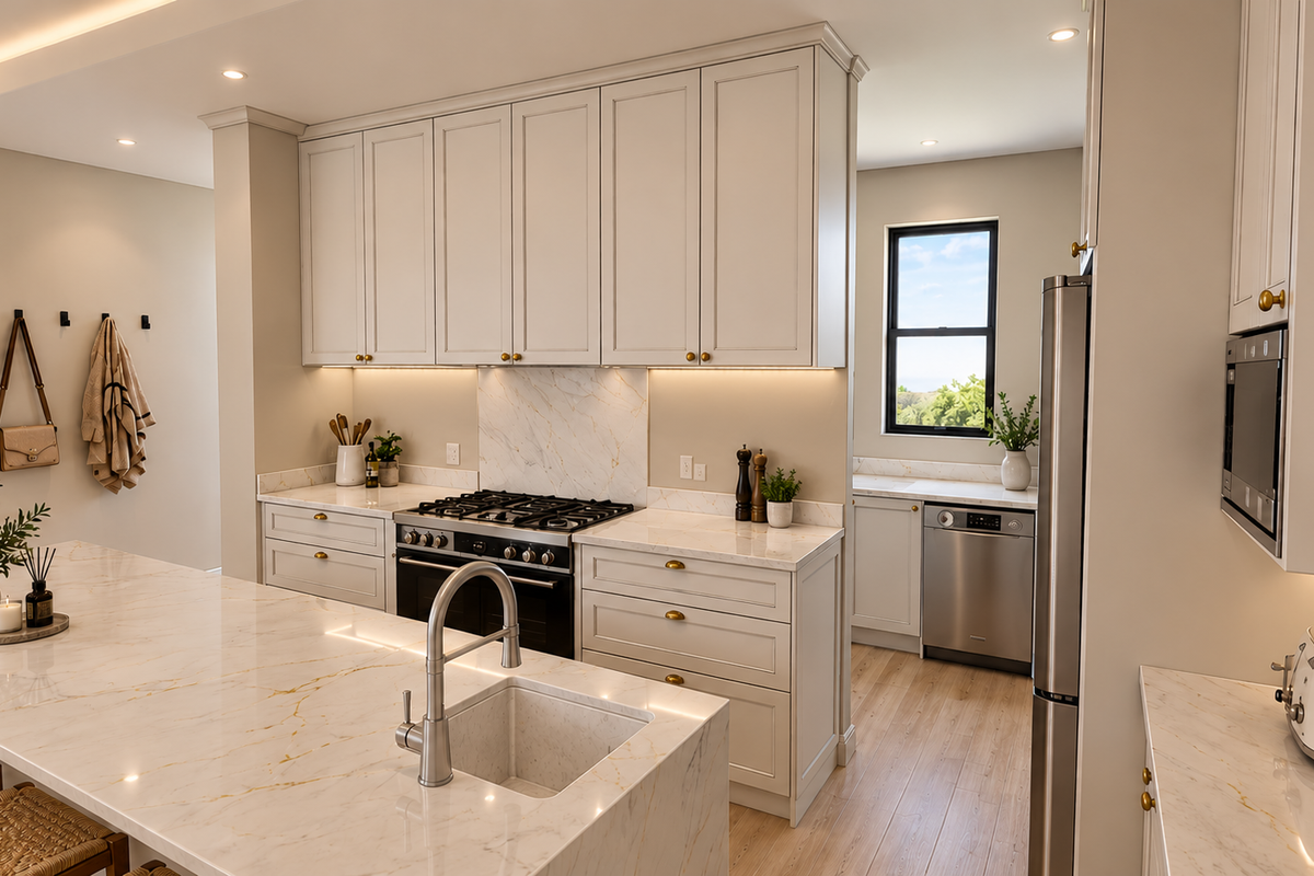 Modern kitchen featuring marble countertops, shaker-style cabinetry, high-end gas cooktop, integrated appliances, and a functional island with an undermount sink.