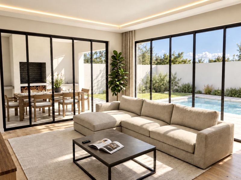 Modern open-plan living area featuring high-end finishes, recessed lighting, and seamless indoor-outdoor flow through large sliding glass doors to the pool area.