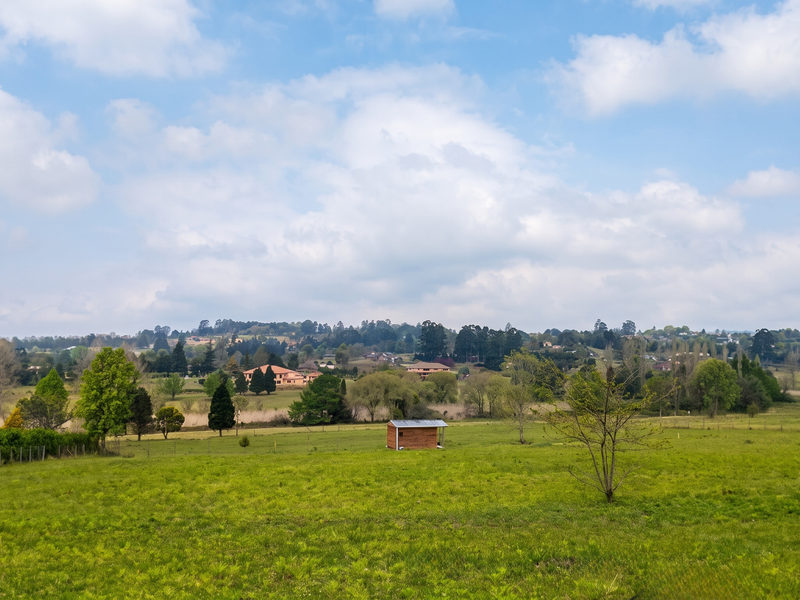 A scenic view of a large, open residential vacant land plot featuring rolling green grass, mature trees, and a small storage shed.