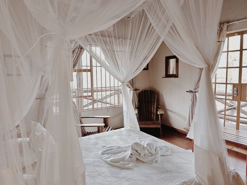 A rustic bedroom featuring timber flooring, large windows with security bars, and direct access to an outdoor deck area.