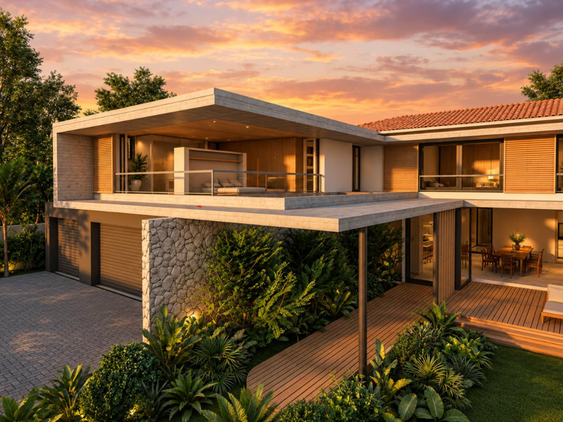 A modern luxury residence featuring a concrete cantilevered balcony, stone feature wall, timber decking, and landscaped garden at sunset.