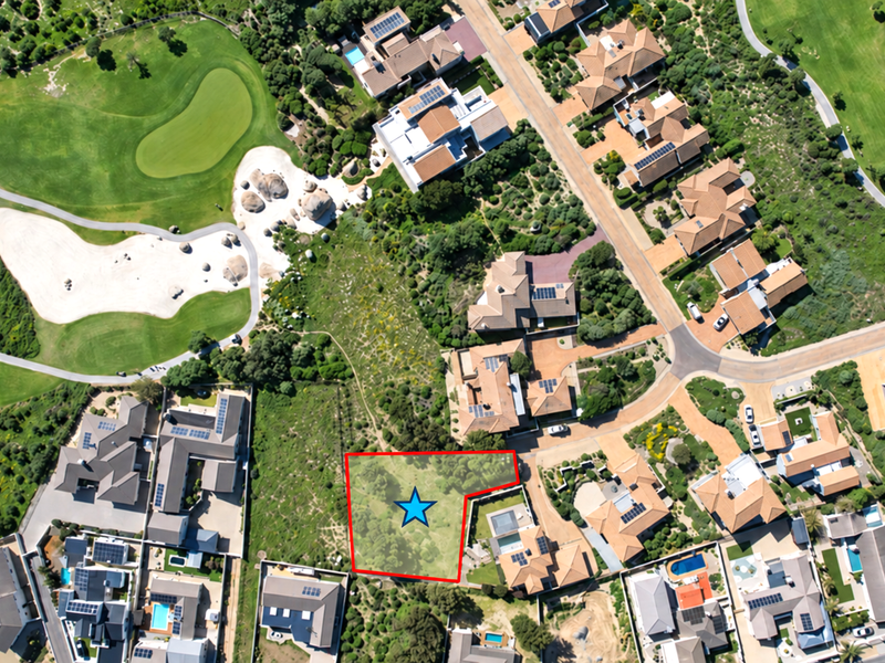 Aerial view of a vacant residential land plot situated within a developed estate, adjacent to a golf course.
